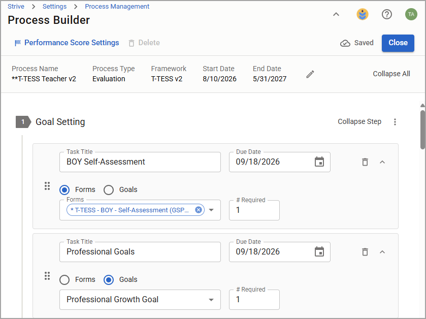 Process Builder interface showing goal setting tasks and due dates for evaluations.